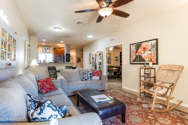 living room featuring ceiling fan