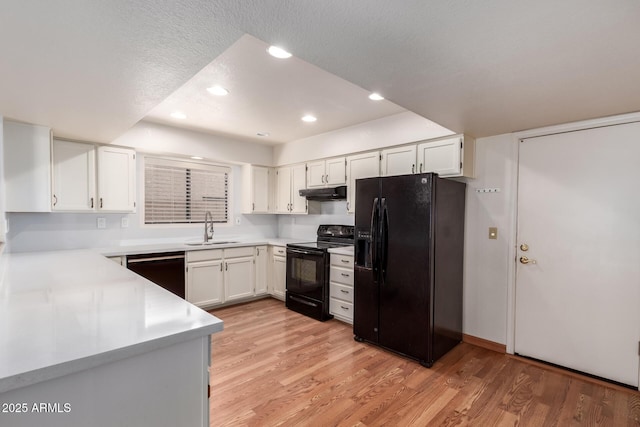 kitchen featuring light wood-style floors, under cabinet range hood, a sink, and black appliances
