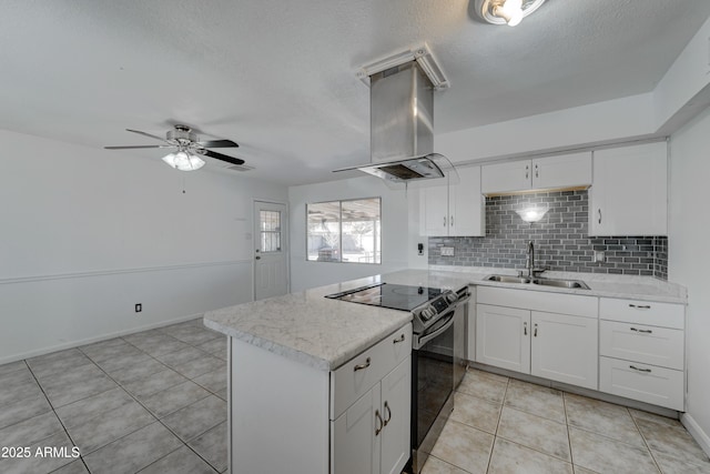 kitchen with range with electric stovetop, sink, white cabinets, island exhaust hood, and kitchen peninsula