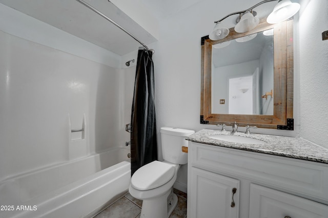 full bathroom featuring shower / tub combo with curtain, vanity, toilet, and tile patterned floors