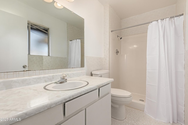 bathroom featuring toilet, walk in shower, tile walls, tile patterned flooring, and vanity