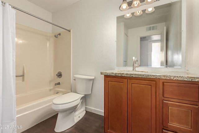 full bathroom featuring hardwood / wood-style floors, toilet, shower / bathtub combination with curtain, and vanity