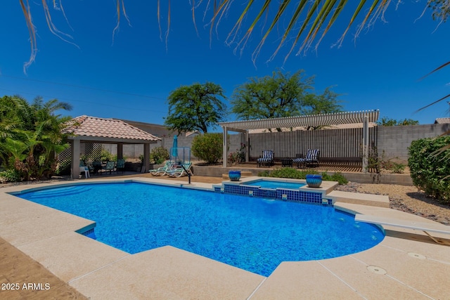 4648 W Misty Willow Ln, Glendale, AZ 85310 - view of swimming pool with a gazebo, fence, a pergola, a pool with connected hot tub, and a patio