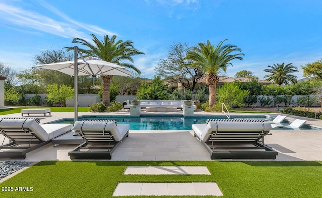 view of pool with a yard and a patio area