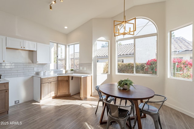 dining space with light hardwood / wood-style flooring, a notable chandelier, vaulted ceiling, and sink