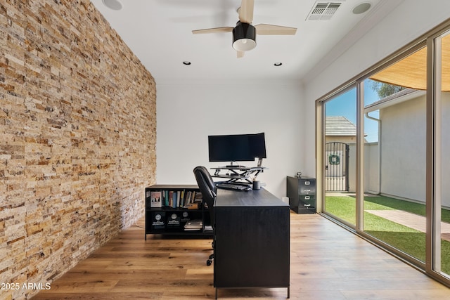 1500 E Sagittarius Pl, Chandler, AZ 85249 - home office with brick wall, wood finished floors, a ceiling fan, and crown molding