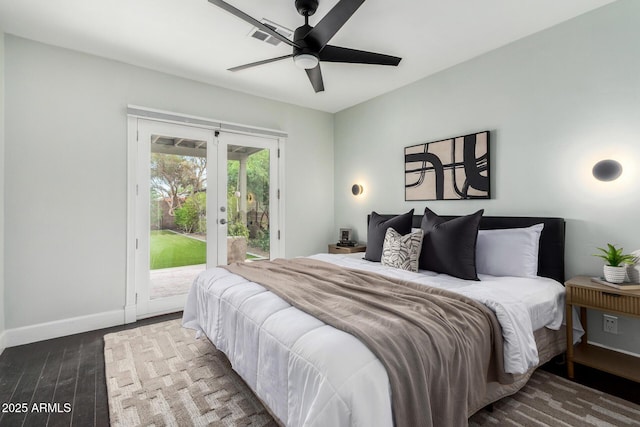 bedroom with french doors, visible vents, baseboards, wood finished floors, and access to outside