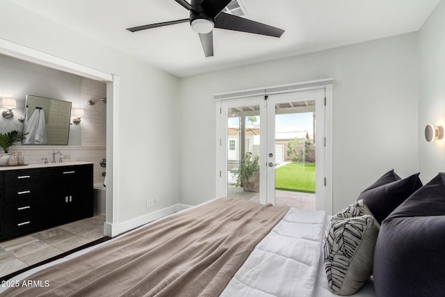 bedroom with a sink, connected bathroom, french doors, access to outside, and visible vents