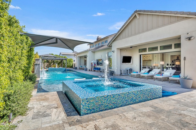 view of swimming pool featuring pool water feature