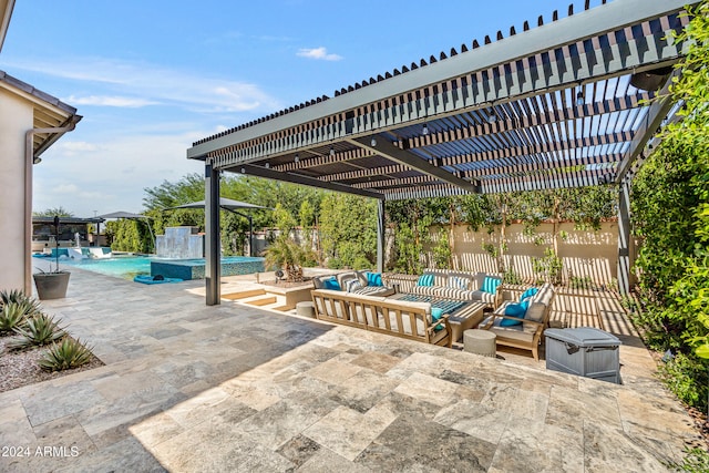 view of patio / terrace with outdoor lounge area, a pergola, and a pool with hot tub