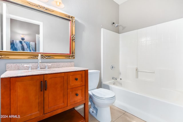 full bathroom with tile patterned floors, shower / bathtub combination, vanity, and toilet