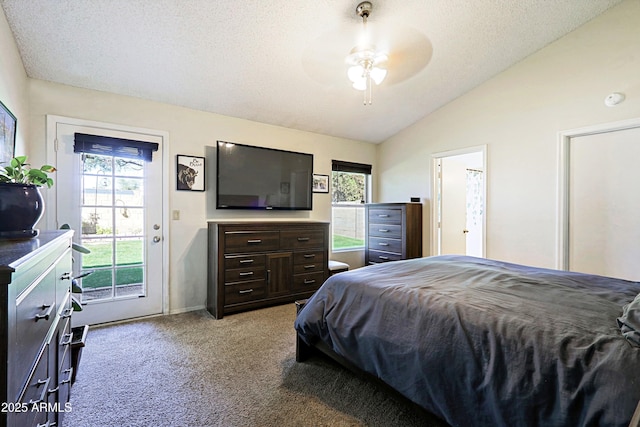 bedroom featuring access to exterior, carpet flooring, vaulted ceiling, and a textured ceiling