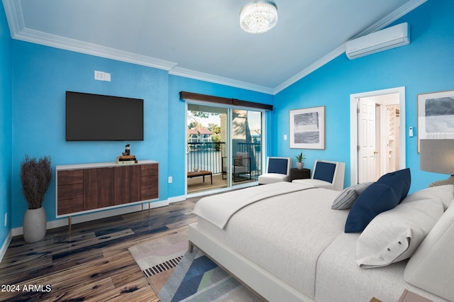 bedroom with vaulted ceiling, dark wood-type flooring, an inviting chandelier, ornamental molding, and a wall mounted air conditioner