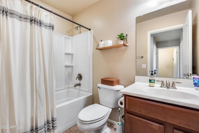 full bathroom with toilet, shower / bath combination with curtain, and vanity