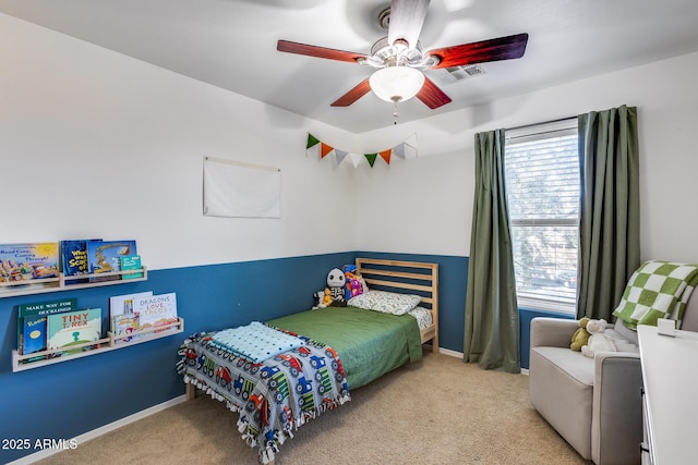 bedroom featuring carpet, visible vents, ceiling fan, and baseboards