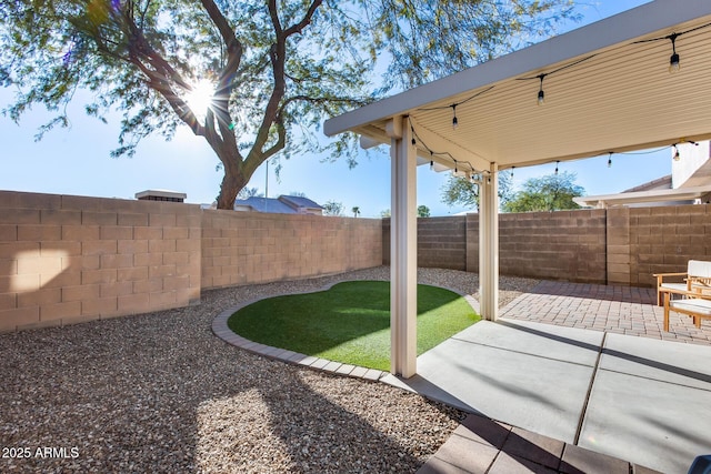 view of yard featuring a fenced backyard and a patio