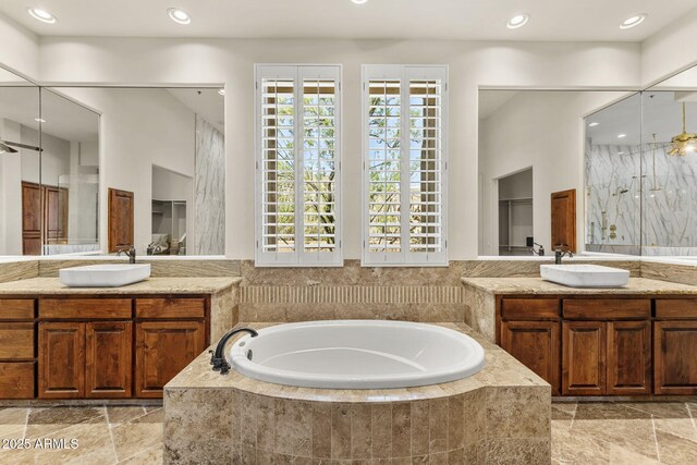 11986 N 134th Pl, Scottsdale, AZ 85259 - full bath with a bath, two vanities, recessed lighting, and a shower