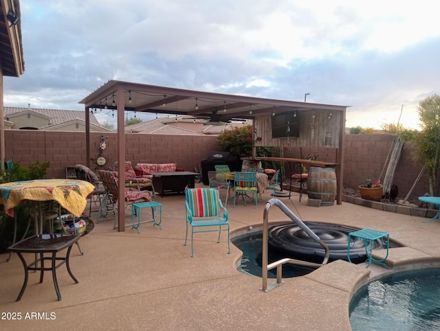 view of patio / terrace featuring grilling area, a fenced in pool, ceiling fan, outdoor lounge area, and a fenced backyard