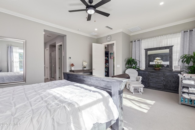 carpeted bedroom with crown molding and ceiling fan