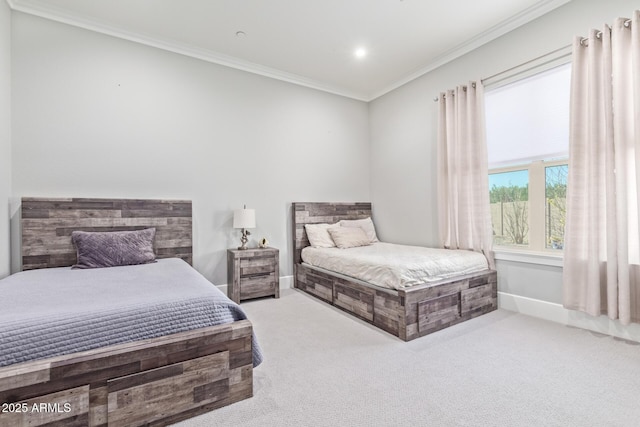 carpeted bedroom featuring crown molding