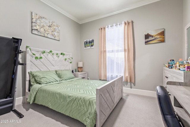 carpeted bedroom featuring crown molding