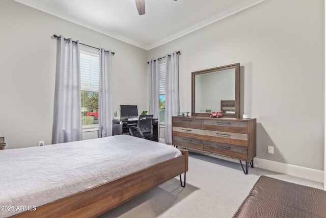 bedroom with ornamental molding, light carpet, and ceiling fan