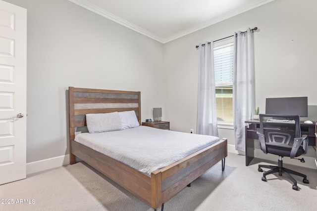 carpeted bedroom featuring ornamental molding