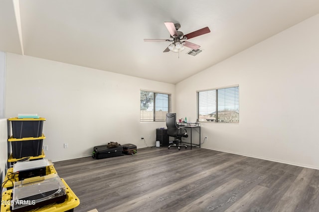 misc room featuring lofted ceiling, dark wood-type flooring, and ceiling fan