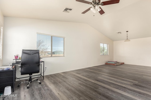 home office with hardwood / wood-style flooring, vaulted ceiling, and ceiling fan