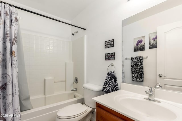 full bathroom with toilet, vanity, and shower / bathtub combination with curtain