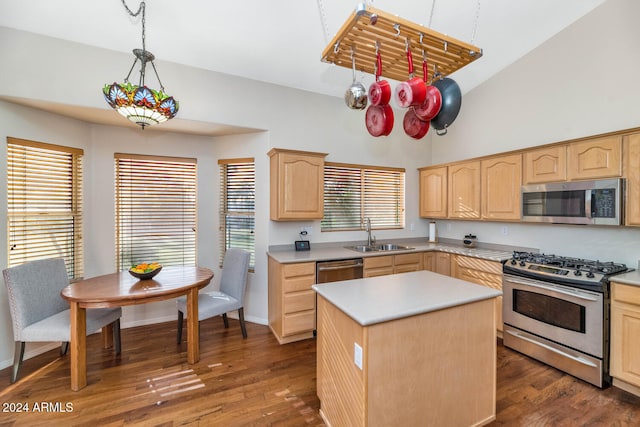 kitchen featuring stainless steel appliances, a kitchen island, dark hardwood / wood-style floors, and sink