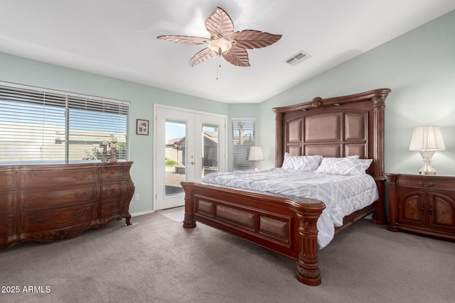 bedroom featuring lofted ceiling, access to outside, french doors, ceiling fan, and carpet floors