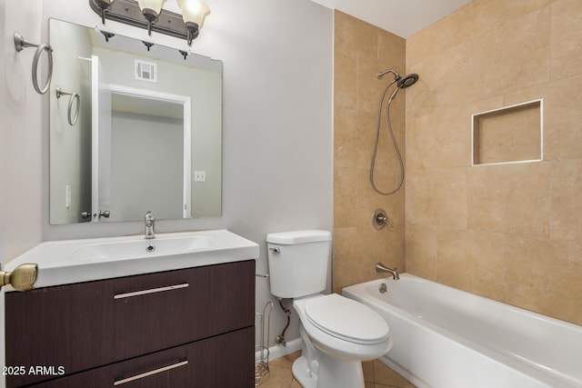 bathroom featuring toilet, vanity, shower / bathtub combination, and tile patterned floors