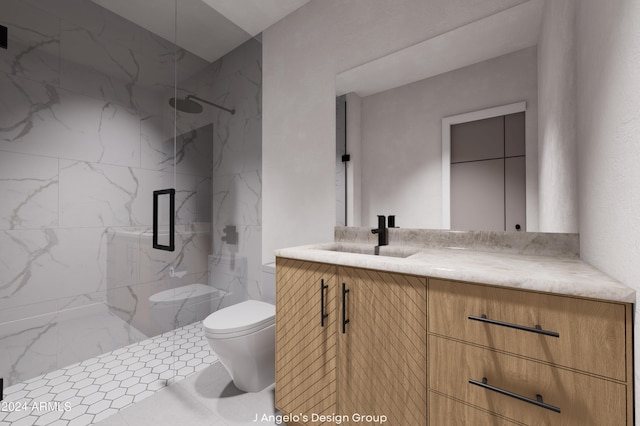 bathroom featuring tile patterned floors, vanity, a shower with shower door, and toilet