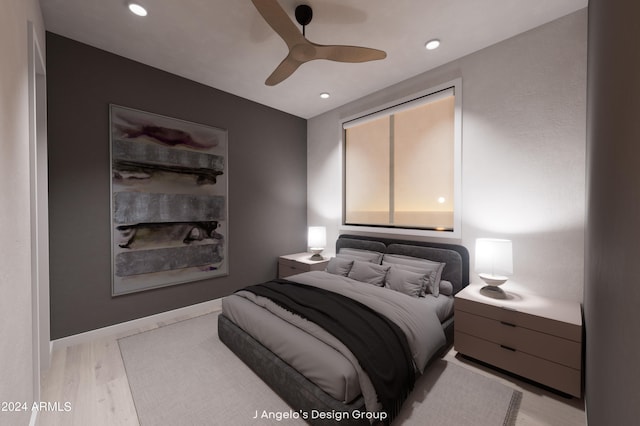 bedroom with ceiling fan and light wood-type flooring