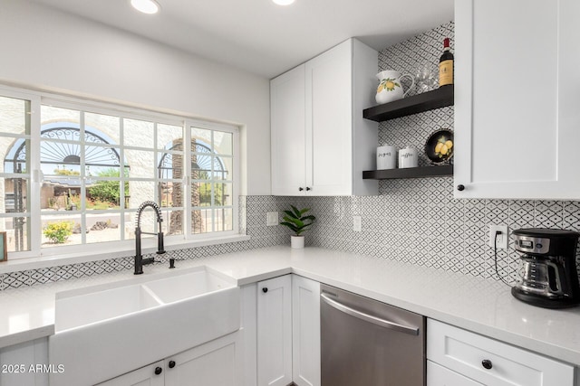5211 E Winchcomb Dr, Scottsdale, AZ 85254 - kitchen featuring dishwasher, open shelves, white cabinetry, decorative backsplash, and recessed lighting
