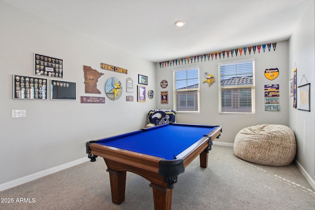 recreation room featuring carpet and pool table