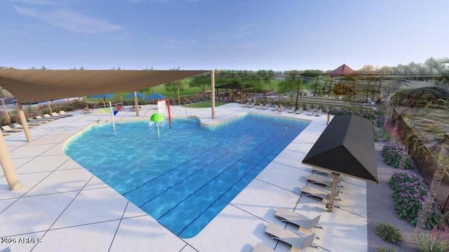 pool with a patio and fence