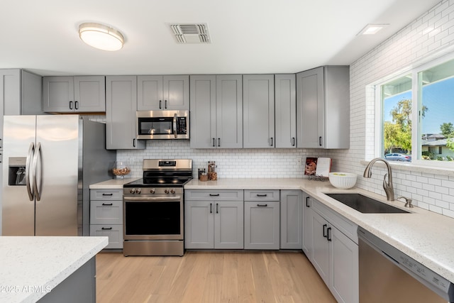 kitchen with stainless steel appliances, a sink, gray cabinets, backsplash, and light wood finished floors