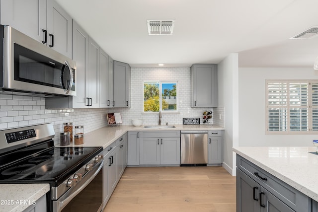 kitchen with stainless steel appliances, gray cabinets, a sink, light wood-type flooring, and decorative backsplash