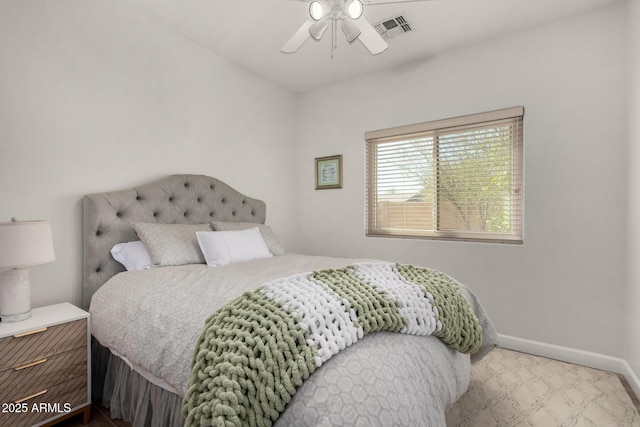 bedroom with a ceiling fan, visible vents, and baseboards