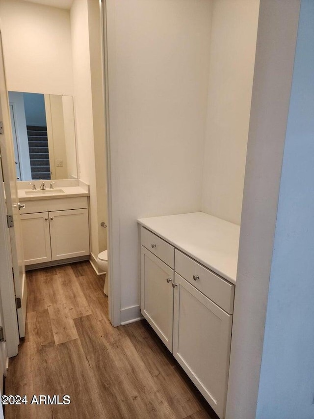 bathroom featuring hardwood / wood-style flooring, vanity, and toilet