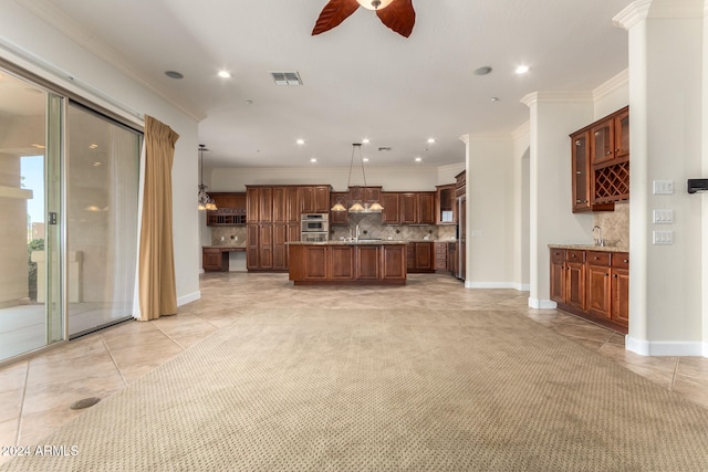 unfurnished living room featuring ceiling fan, crown molding, sink, and light tile patterned flooring