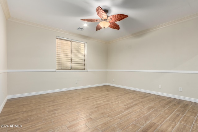 unfurnished room with ceiling fan, ornamental molding, and light hardwood / wood-style flooring