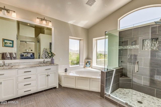 9571 E Nittany Dr, Scottsdale, AZ 85255 - bathroom with plenty of natural light, a bath, a shower stall, double vanity, and vaulted ceiling