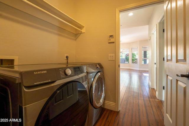 9571 E Nittany Dr, Scottsdale, AZ 85255 - washroom with dark wood-style floors, washer and dryer, and recessed lighting