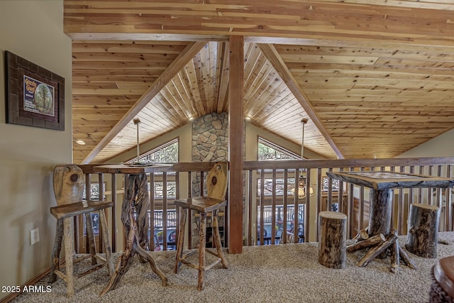 interior space featuring beamed ceiling, high vaulted ceiling, wood ceiling, and carpet flooring