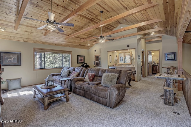 living room with wood ceiling and light colored carpet