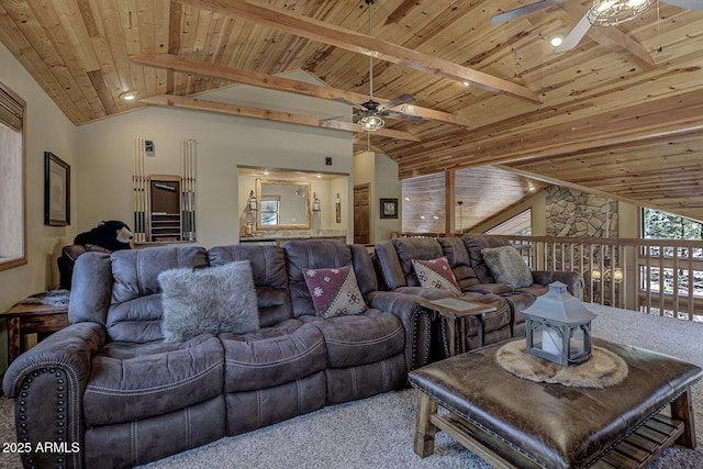 carpeted living area featuring wooden ceiling, lofted ceiling with beams, and ceiling fan