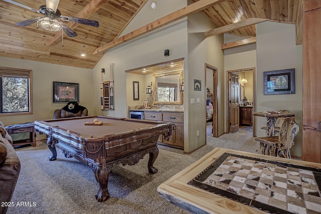 recreation room with light carpet, high vaulted ceiling, a ceiling fan, pool table, and wood ceiling